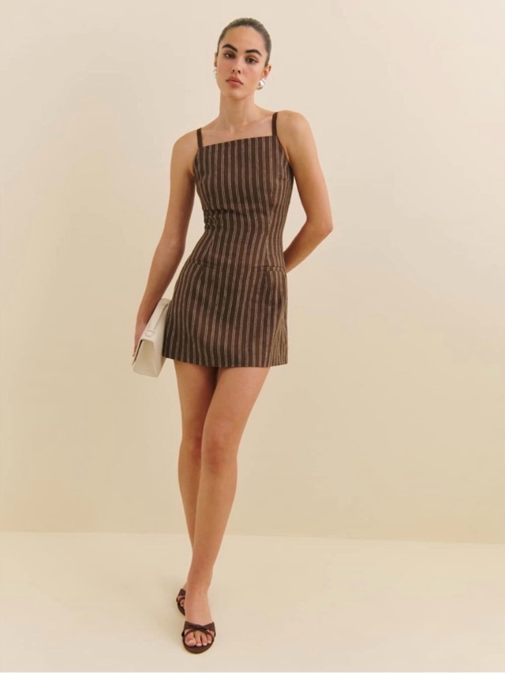 Reformation Phillipa Mini Linen Dress - Brown with White Stripes - Size 8